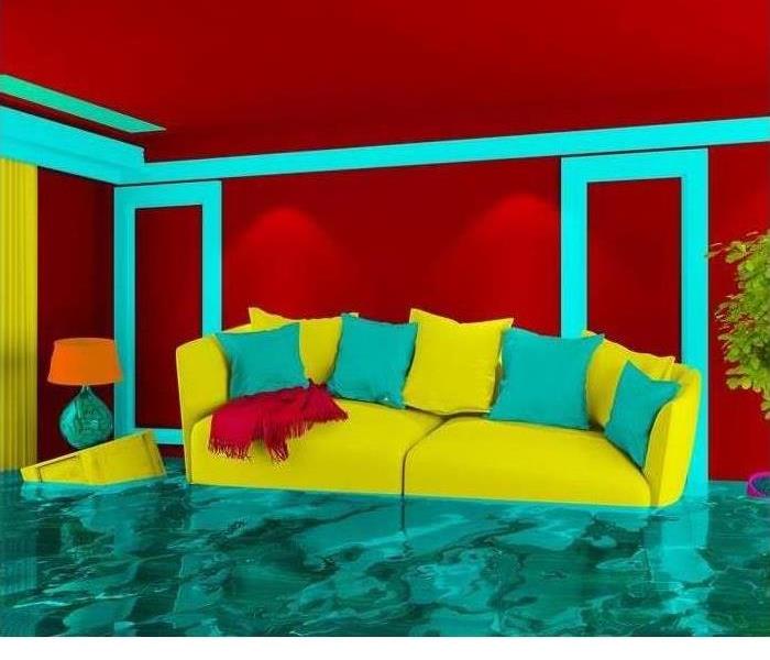 A flooded living room is shown