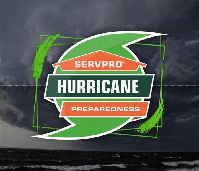 The words "SERVPRO Hurricane Preparedness" are shown over a green hurricane logo and a stormy sea and sky