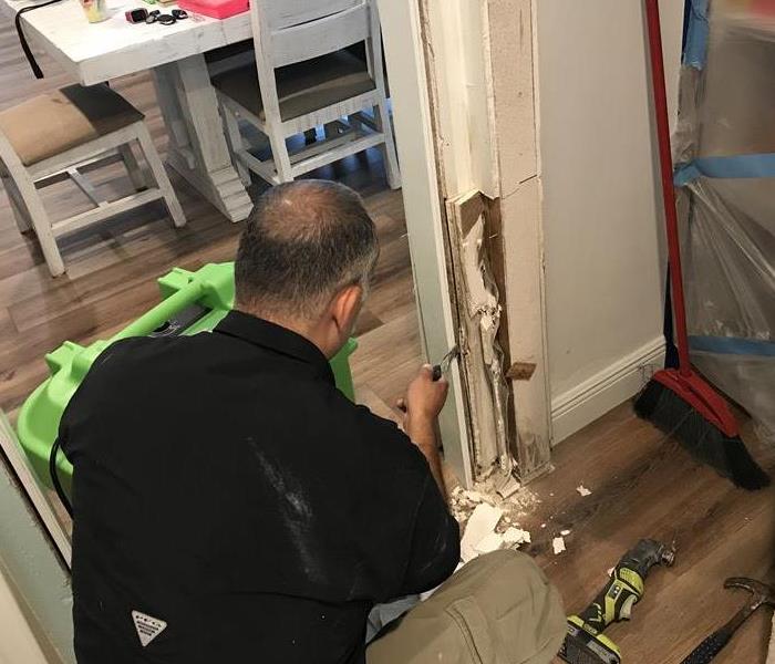 A SERVPRO of East Bradenton / Lakewood Ranch technician is shown removing mold damage